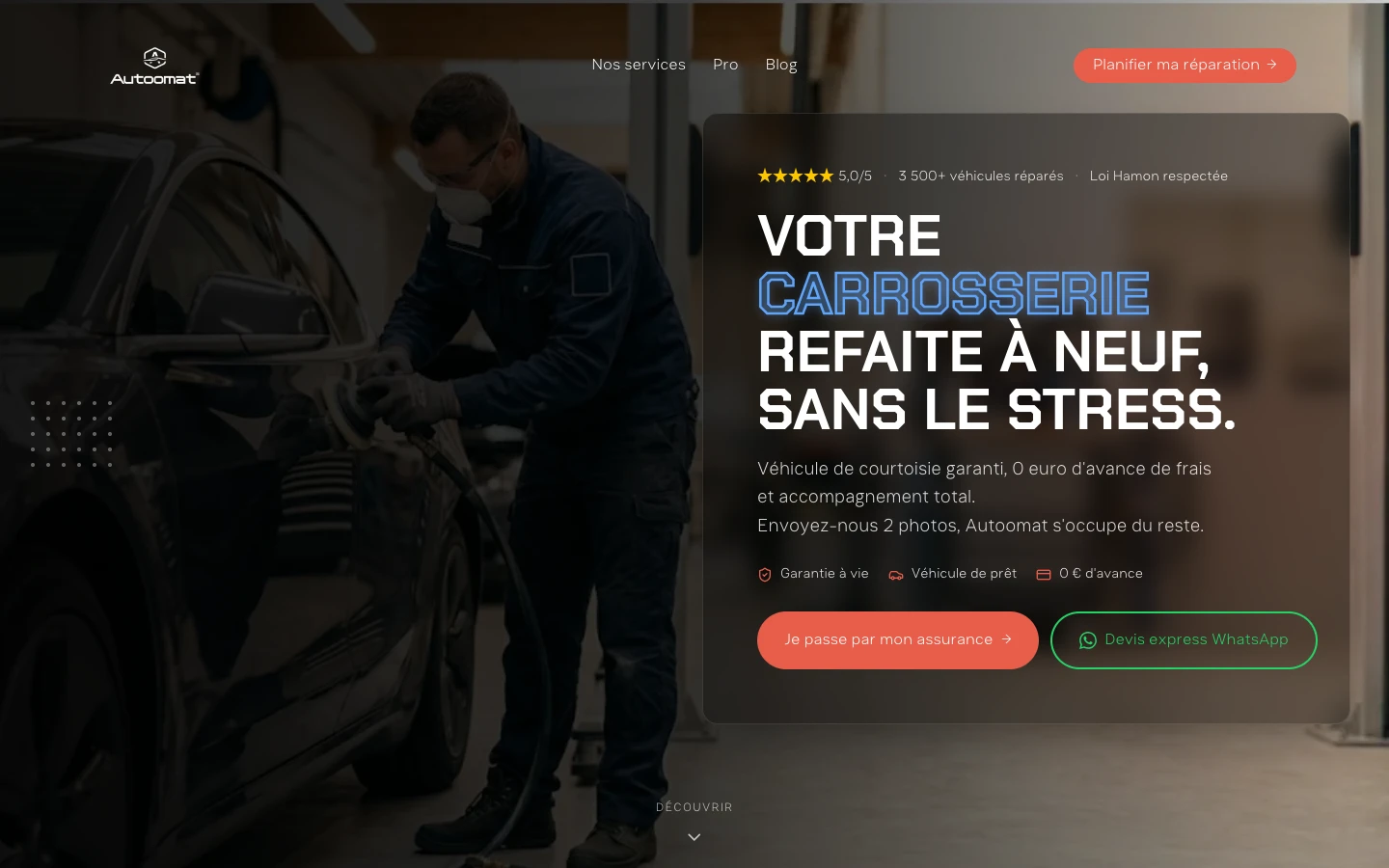 Site Autoomat sur ordinateur : page d'accueil du garage de carrosserie à Ivry-sur-Seine