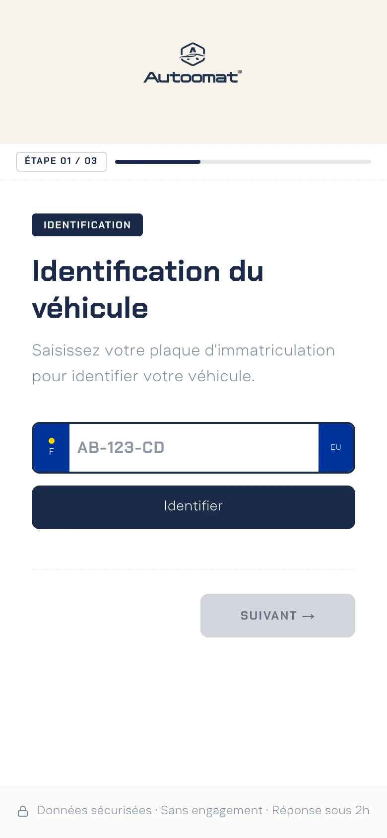 Site Autoomat sur mobile : devis en ligne avec identification du véhicule par plaque d'immatriculation