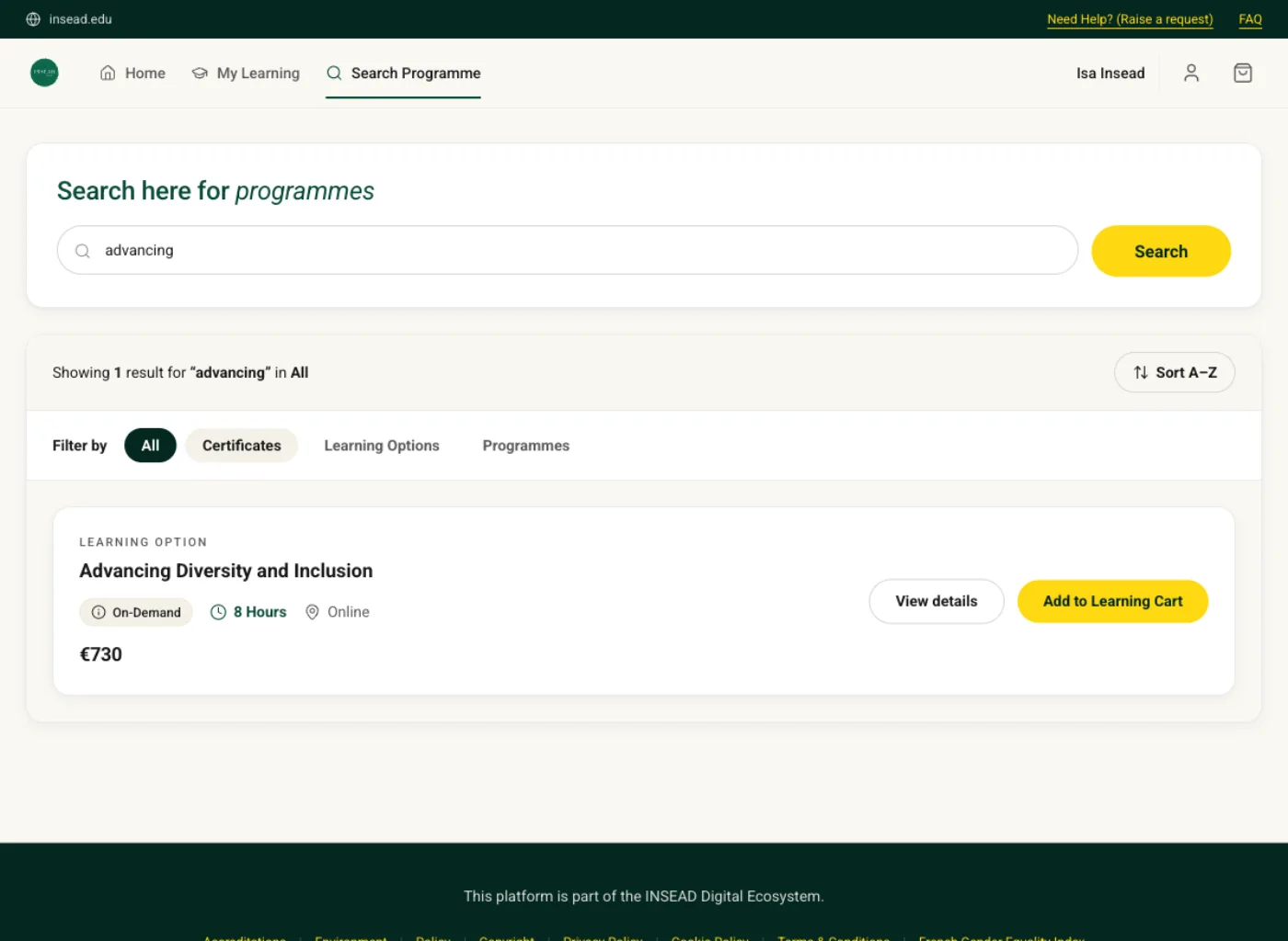 ePortal (INSEAD) — Recherche certificats