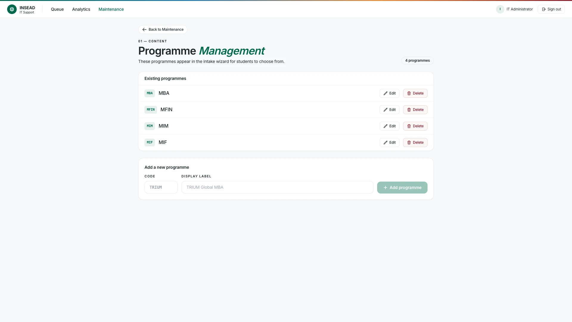 Intake (INSEAD) — Gestion programmes